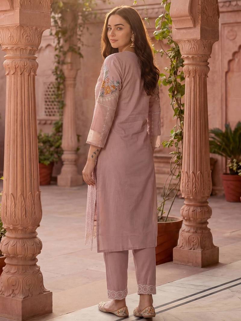 Women Floral Embroidered Regular Sequinned Pure Cotton Kurta with Trousers & With Dupatta