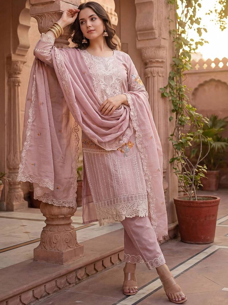 Women Floral Embroidered Regular Sequinned Pure Cotton Kurta with Trousers & With Dupatta