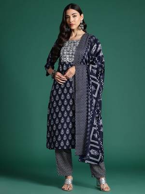 Ethnic Motifs Printed Thread Work Kurta with Trousers & With Dupatta 1