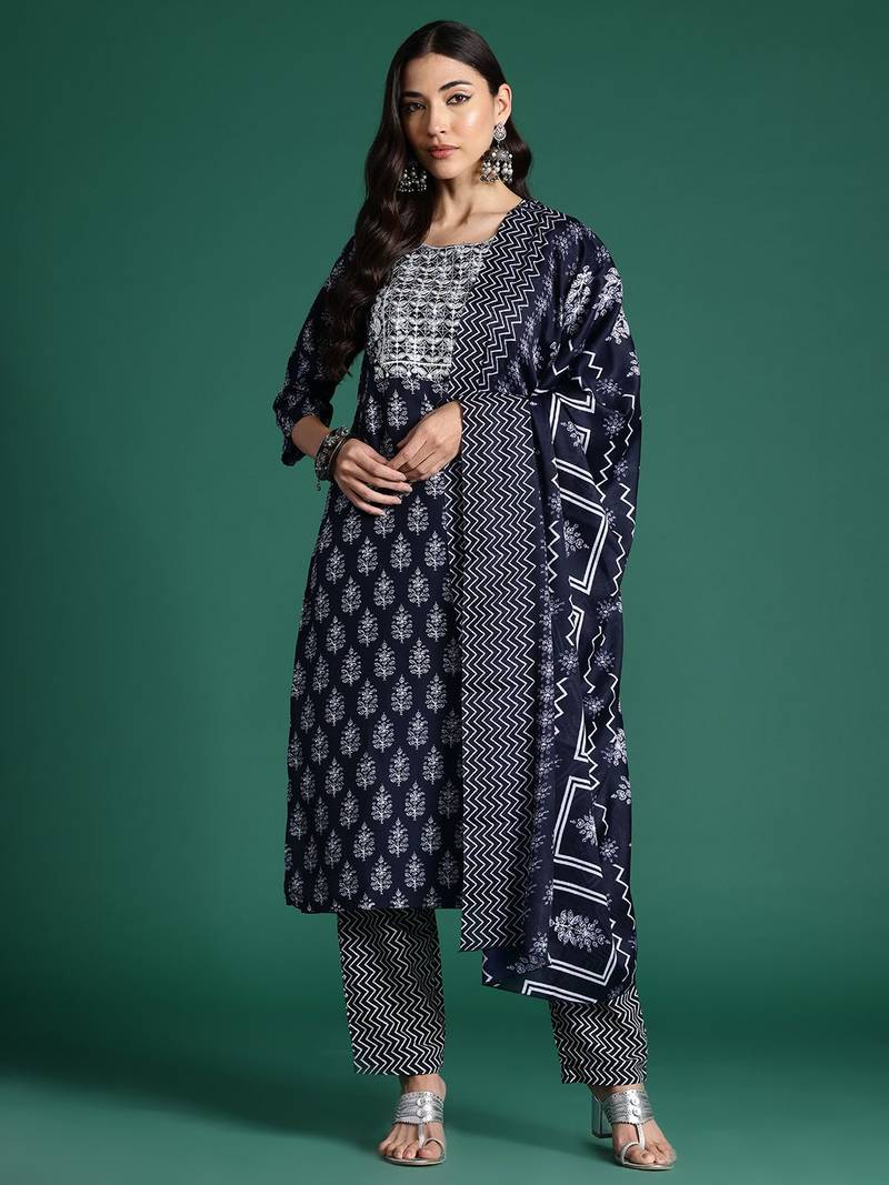 Ethnic Motifs Printed Thread Work Kurta with Trousers & With Dupatta
