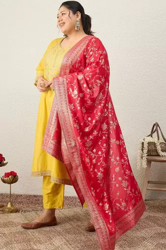 Plus Size Embroidered Regular Kurta with Trousers & With Dupatta