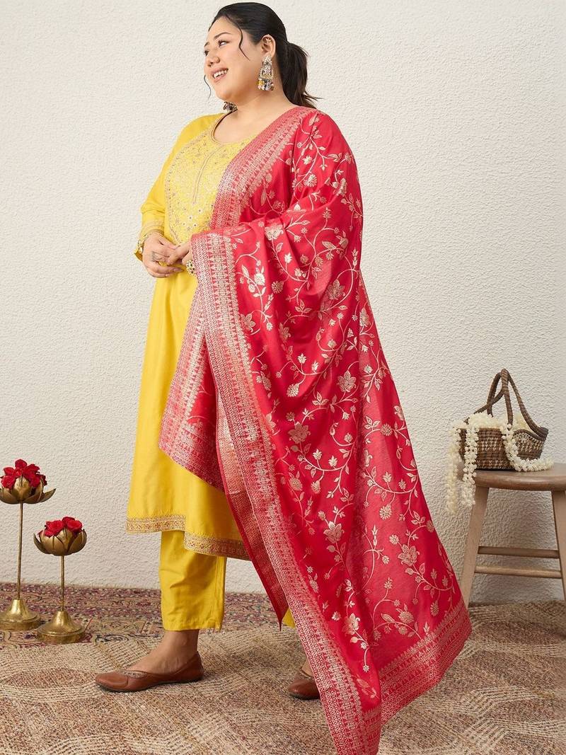 Plus Size Embroidered Regular Kurta with Trousers & With Dupatta