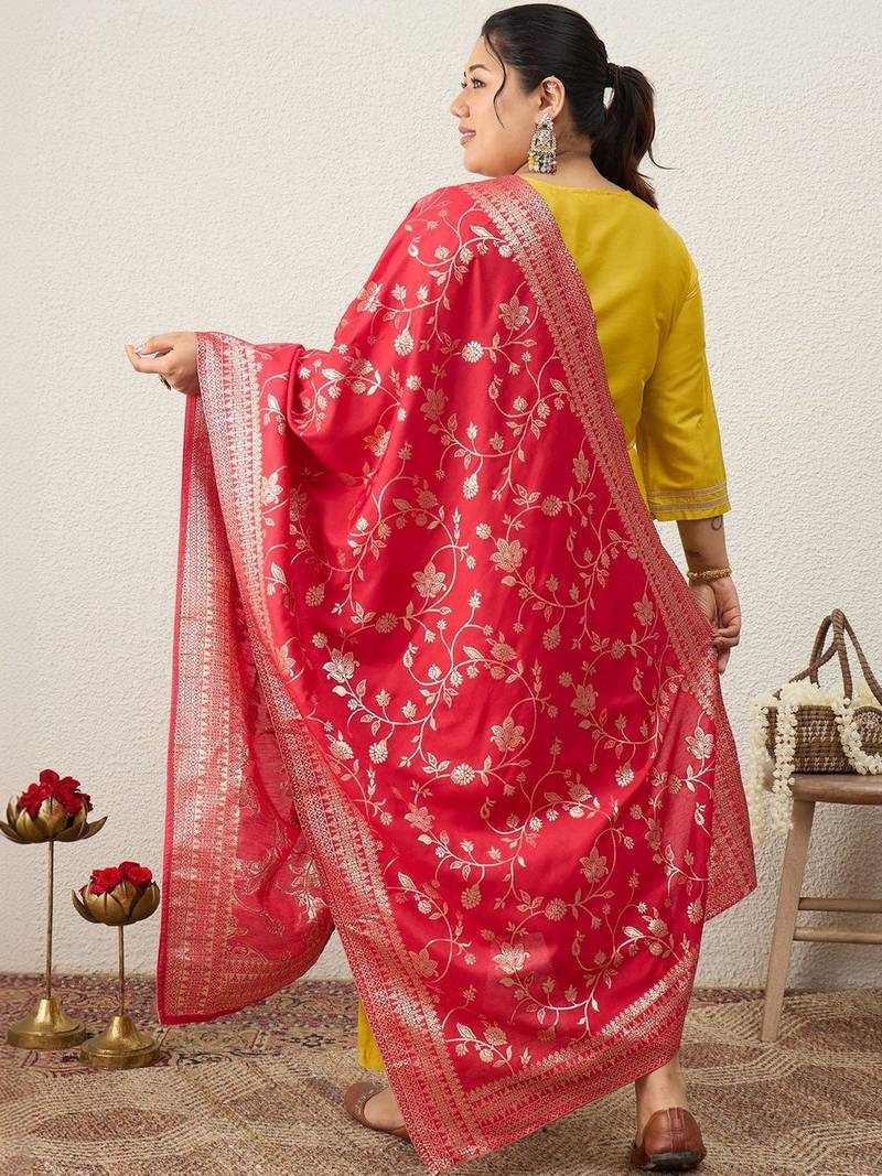 Plus Size Embroidered Regular Kurta with Trousers & With Dupatta
