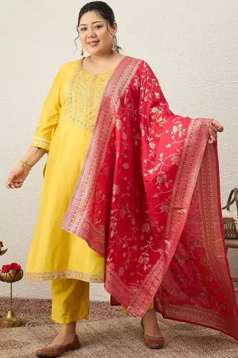 Plus Size Embroidered Regular Kurta with Trousers & With Dupatta