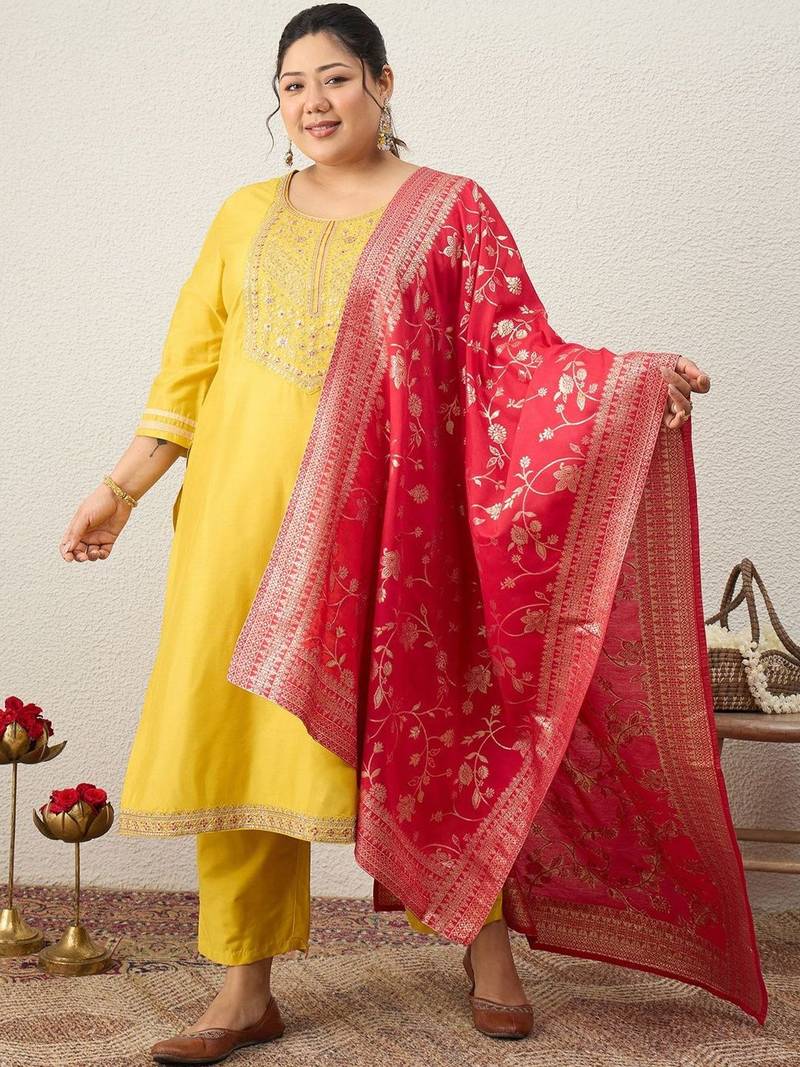 Plus Size Embroidered Regular Kurta with Trousers & With Dupatta