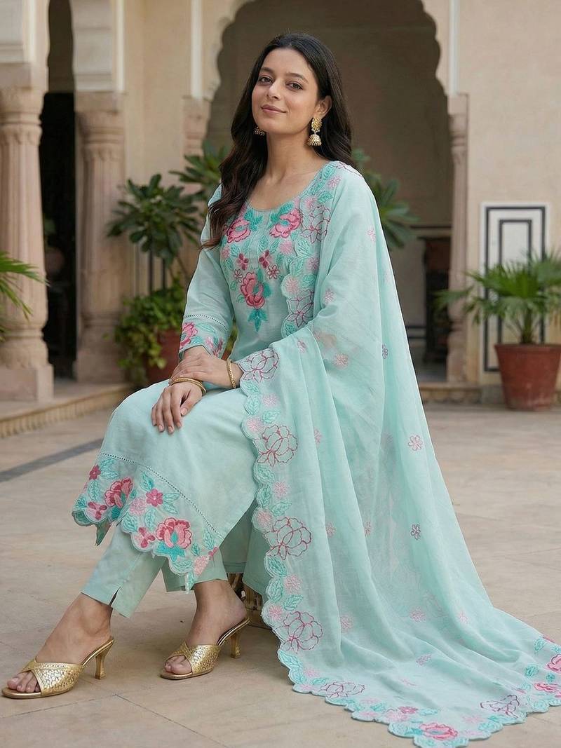 Women Floral Embroidered Regular Thread Work Pure Cotton Kurta with Trousers & With Dupatta