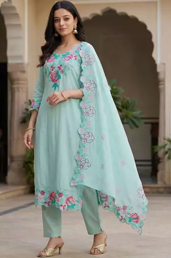 Women Floral Embroidered Regular Thread Work Pure Cotton Kurta with Trousers & With Dupatta