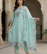 Women Floral Embroidered Regular Thread Work Pure Cotton Kurta with Trousers & With Dupatta