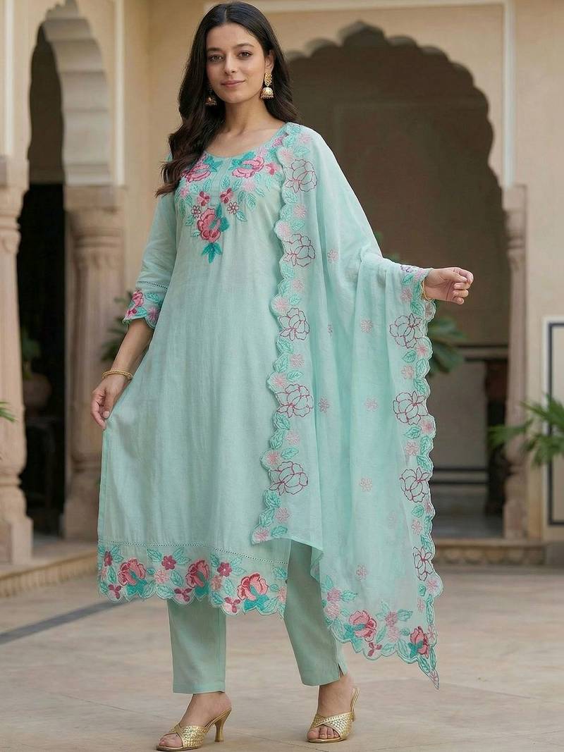 Women Floral Embroidered Regular Thread Work Pure Cotton Kurta with Trousers & With Dupatta