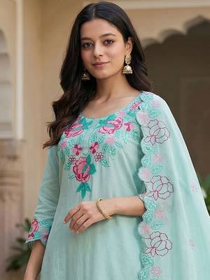 Women Floral Embroidered Regular Thread Work Pure Cotton Kurta with Trousers & With Dupatta 2