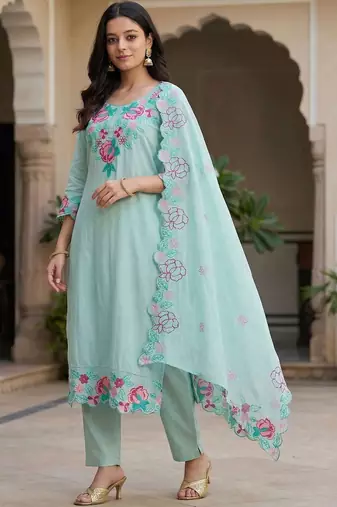 Women Floral Embroidered Regular Thread Work Pure Cotton Kurta with Trousers & With Dupatta