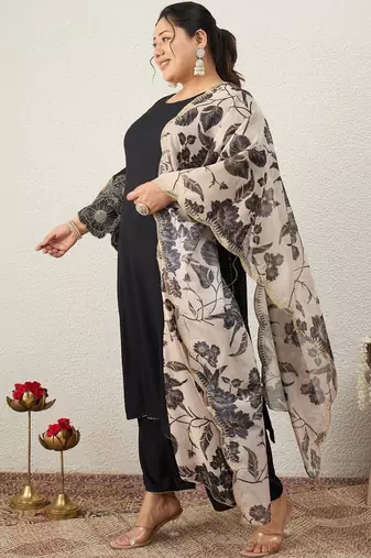 Plus Size Ethnic Motifs Embroidered Regular Kurta with Trousers & With Dupatta