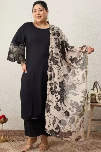 Plus Size Ethnic Motifs Embroidered Regular Kurta with Trousers & With Dupatta