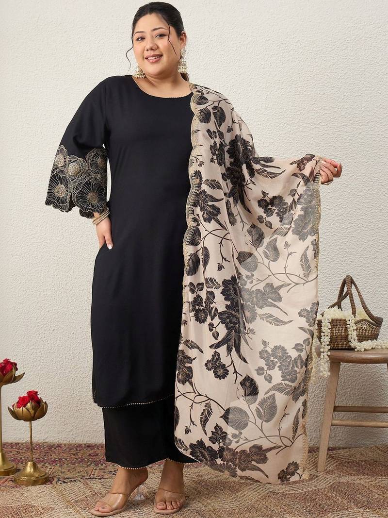 Plus Size Ethnic Motifs Embroidered Regular Kurta with Trousers & With Dupatta