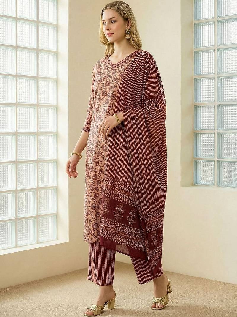 Women Floral Printed Regular Pure Cotton Kurta with Trousers & With Dupatta
