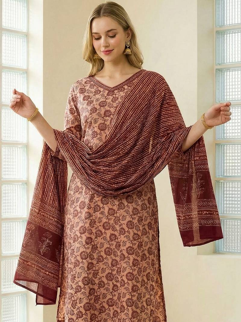 Women Floral Printed Regular Pure Cotton Kurta with Trousers & With Dupatta