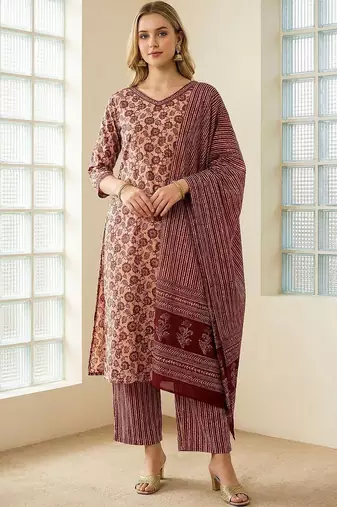 Women Floral Printed Regular Pure Cotton Kurta with Trousers & With Dupatta