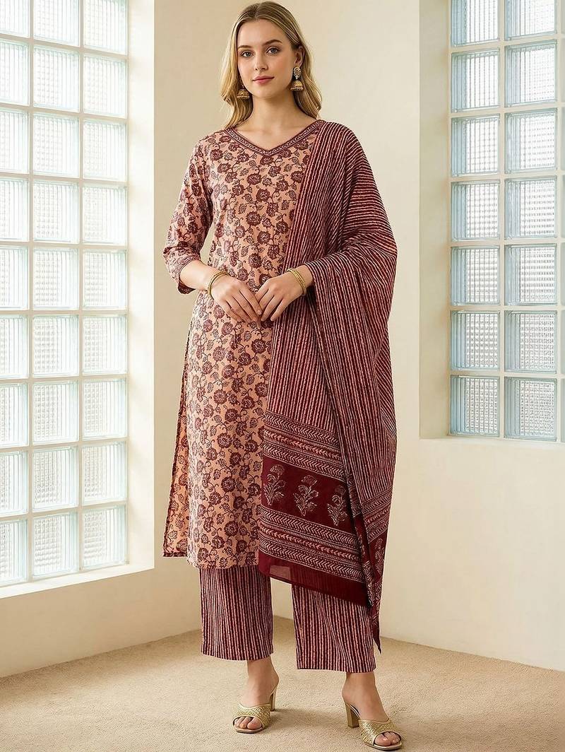 Women Floral Printed Regular Pure Cotton Kurta with Trousers & With Dupatta
