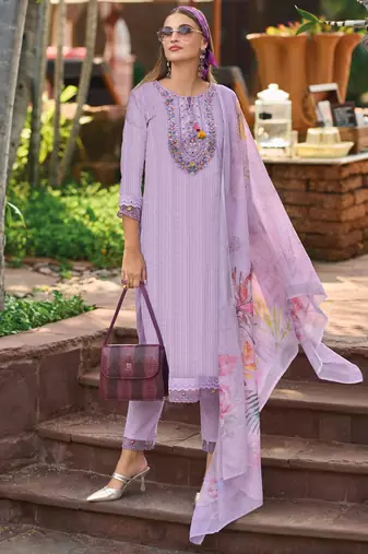 Lavender Floral Embroidered Tie Up Neck Pure Cotton Kurta with Trousers & Dupatta