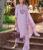 Lavender Floral Embroidered Tie Up Neck Pure Cotton Kurta with Trousers & Dupatta