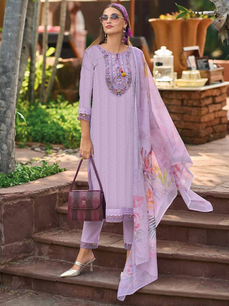 Lavender Floral Embroidered Tie Up Neck Pure Cotton Kurta with Trousers & Dupatta