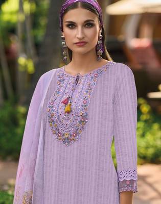 Lavender Floral Embroidered Tie Up Neck Pure Cotton Kurta with Trousers & Dupatta 2