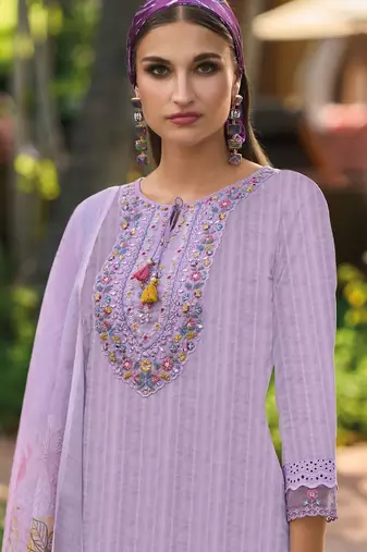 Lavender Floral Embroidered Tie Up Neck Pure Cotton Kurta with Trousers & Dupatta