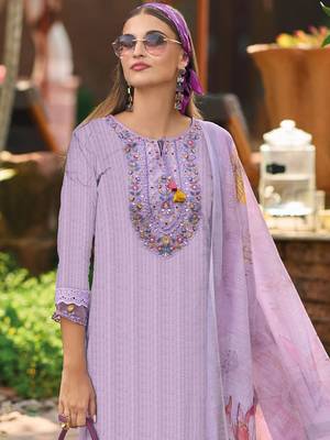 Lavender Floral Embroidered Tie Up Neck Pure Cotton Kurta with Trousers & Dupatta 3