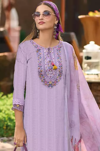 Lavender Floral Embroidered Tie Up Neck Pure Cotton Kurta with Trousers & Dupatta