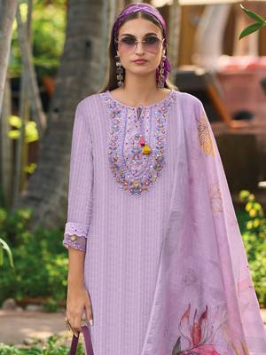 Lavender Floral Embroidered Tie Up Neck Pure Cotton Kurta with Trousers & Dupatta 4