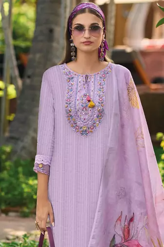 Lavender Floral Embroidered Tie Up Neck Pure Cotton Kurta with Trousers & Dupatta