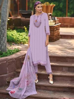 Lavender Floral Embroidered Tie Up Neck Pure Cotton Kurta with Trousers & Dupatta 5