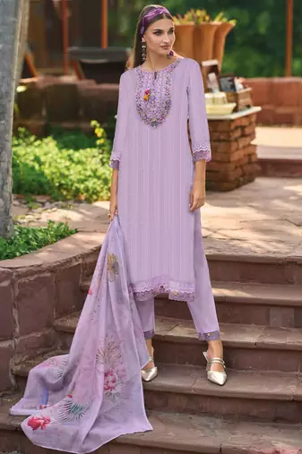 Lavender Floral Embroidered Tie Up Neck Pure Cotton Kurta with Trousers & Dupatta