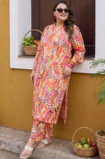 Plus Size Multi Printed Straight Kurta Trousers Set