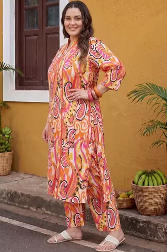 Plus Size Multi Printed Straight Kurta Trousers Set