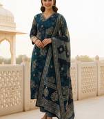 Women Ethnic Motifs Printed Regular Chanderi Silk Kurta with Trousers & With Dupatta
