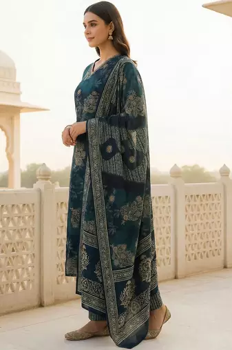 Women Ethnic Motifs Printed Regular Chanderi Silk Kurta with Trousers & With Dupatta