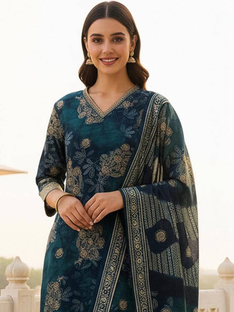 Women Ethnic Motifs Printed Regular Chanderi Silk Kurta with Trousers & With Dupatta