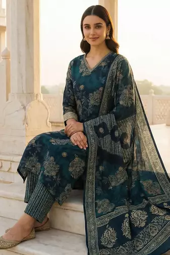 Women Ethnic Motifs Printed Regular Chanderi Silk Kurta with Trousers & With Dupatta