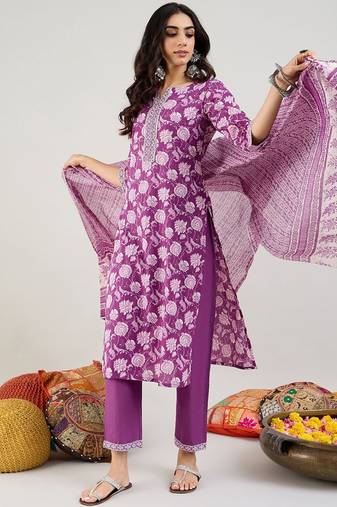 Floral Printed Gotta Patti Pure Cotton Straight Kurta with Trouser & Dupatta