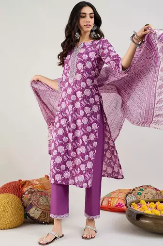 Floral Printed Gotta Patti Pure Cotton Straight Kurta with Trouser & Dupatta