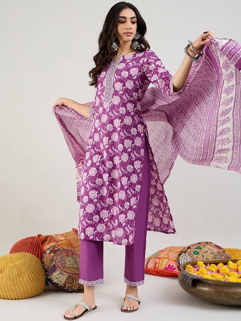 Floral Printed Gotta Patti Pure Cotton Straight Kurta with Trouser & Dupatta