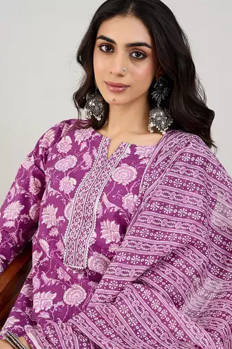 Floral Printed Gotta Patti Pure Cotton Straight Kurta with Trouser & Dupatta