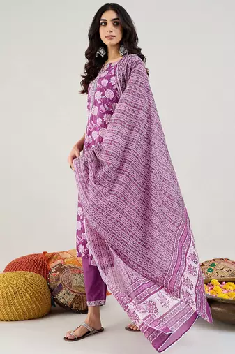 Floral Printed Gotta Patti Pure Cotton Straight Kurta with Trouser & Dupatta