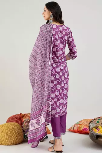 Floral Printed Gotta Patti Pure Cotton Straight Kurta with Trouser & Dupatta