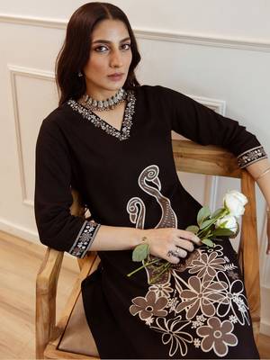 Women Embroidered Regular Beads and Stones Kurta with Trousers 2
