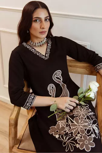 Women Embroidered Regular Beads and Stones Kurta with Trousers