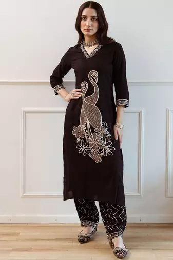 Women Embroidered Regular Beads and Stones Kurta with Trousers