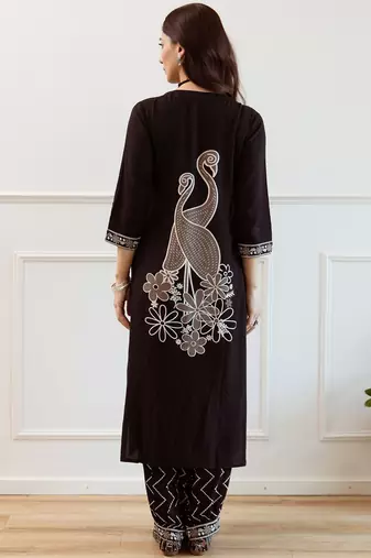 Women Embroidered Regular Beads and Stones Kurta with Trousers
