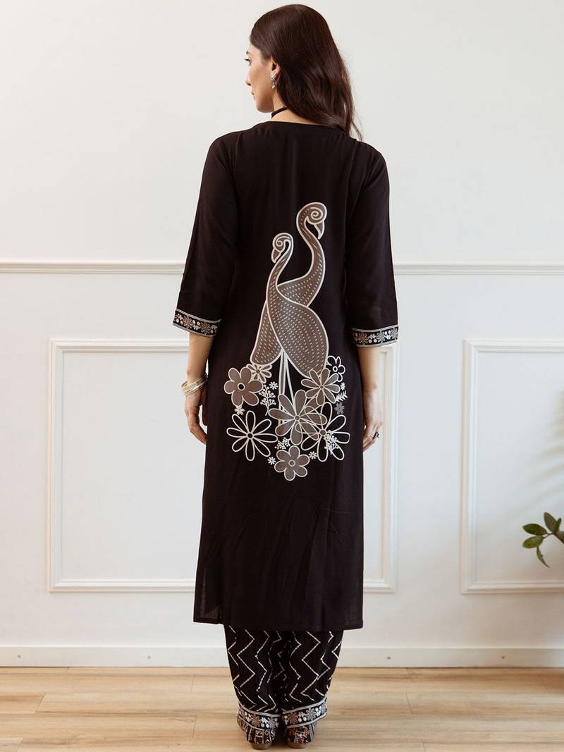 Women Embroidered Regular Beads and Stones Kurta with Trousers
